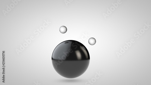 Fototapeta Naklejka Na Ścianę i Meble -  3D illustration of black balls, one large and two small balls. spheres in the air, isolated on a white background. 3D rendering of an abstraction. Space with geometric objects.