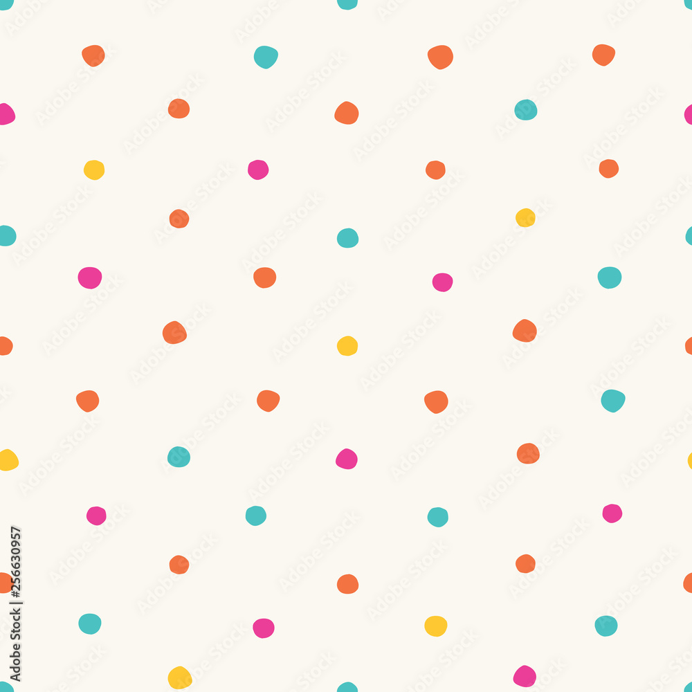 Colorful irregular polka dots vector seamless pattern. Trendy seamless pattern. Pink, yellow, orange, turquoise circles on white background. Vector illustration. Surface pattern design.