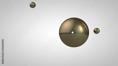 3D illustration of bronze, gold, shiny balls, one large and two small balls. Spheres in the air, isolated on a white background. 3D rendering of an abstraction. Space with geometric, round objects.