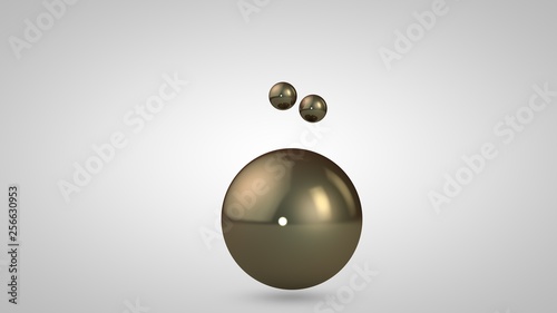 3D illustration of bronze, gold, shiny balls, one large and two small balls. Spheres in the air, isolated on a white background. 3D rendering of an abstraction. Space with geometric, round objects.