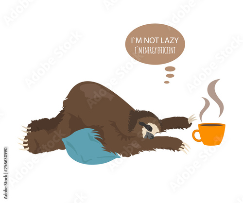 The story of one sloth. Morning cofee. Funny cartoon sloths in different postures set