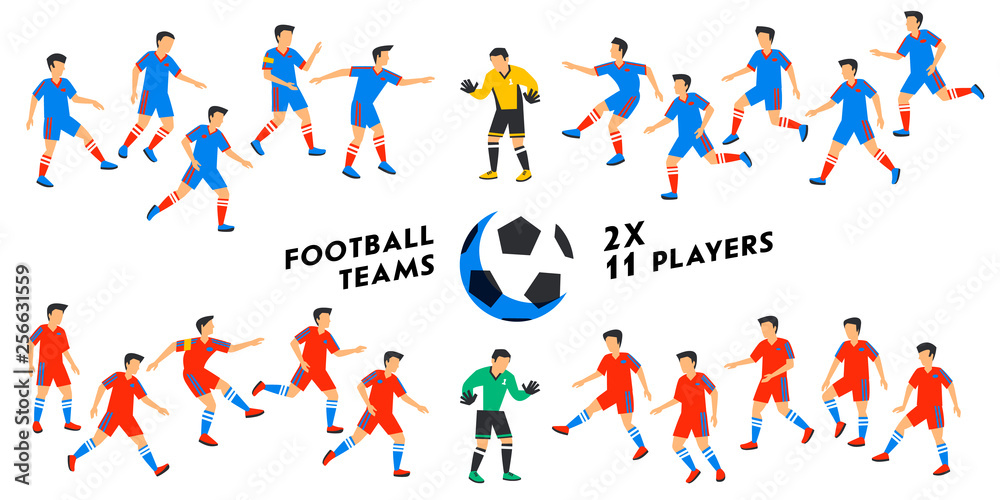 Football team set. Two full Football teams, 11 players. Soccer players on different positions playing football. Colorful flat style illustration.