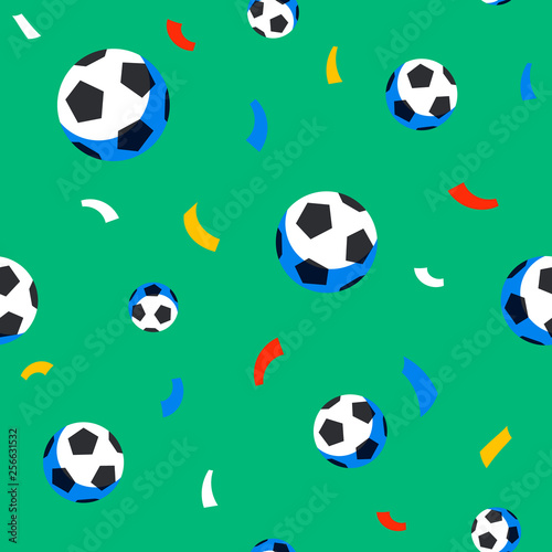 Football players seamless pattern. Sport championship. Soccer players with football ball. Full color background in flat style.