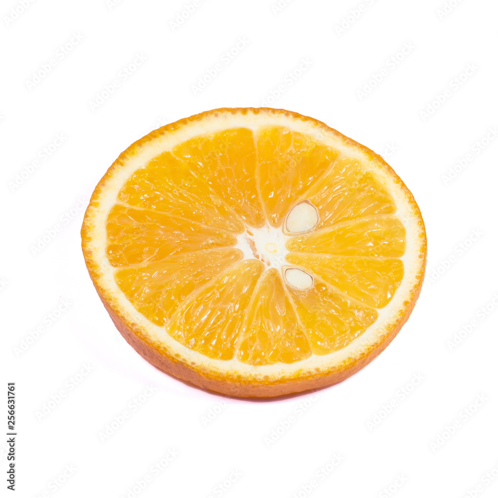 Fresh ripe orange slice isolated on white background. Top view. Fresh ripe orange slice isolated on white background. Top view.