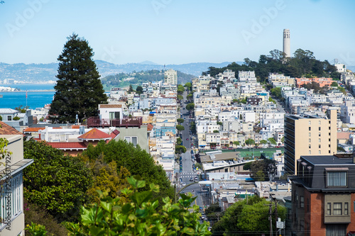 Canvas Print View of San Francisco skyline at Lombard Street toward San Francisco Bay in down