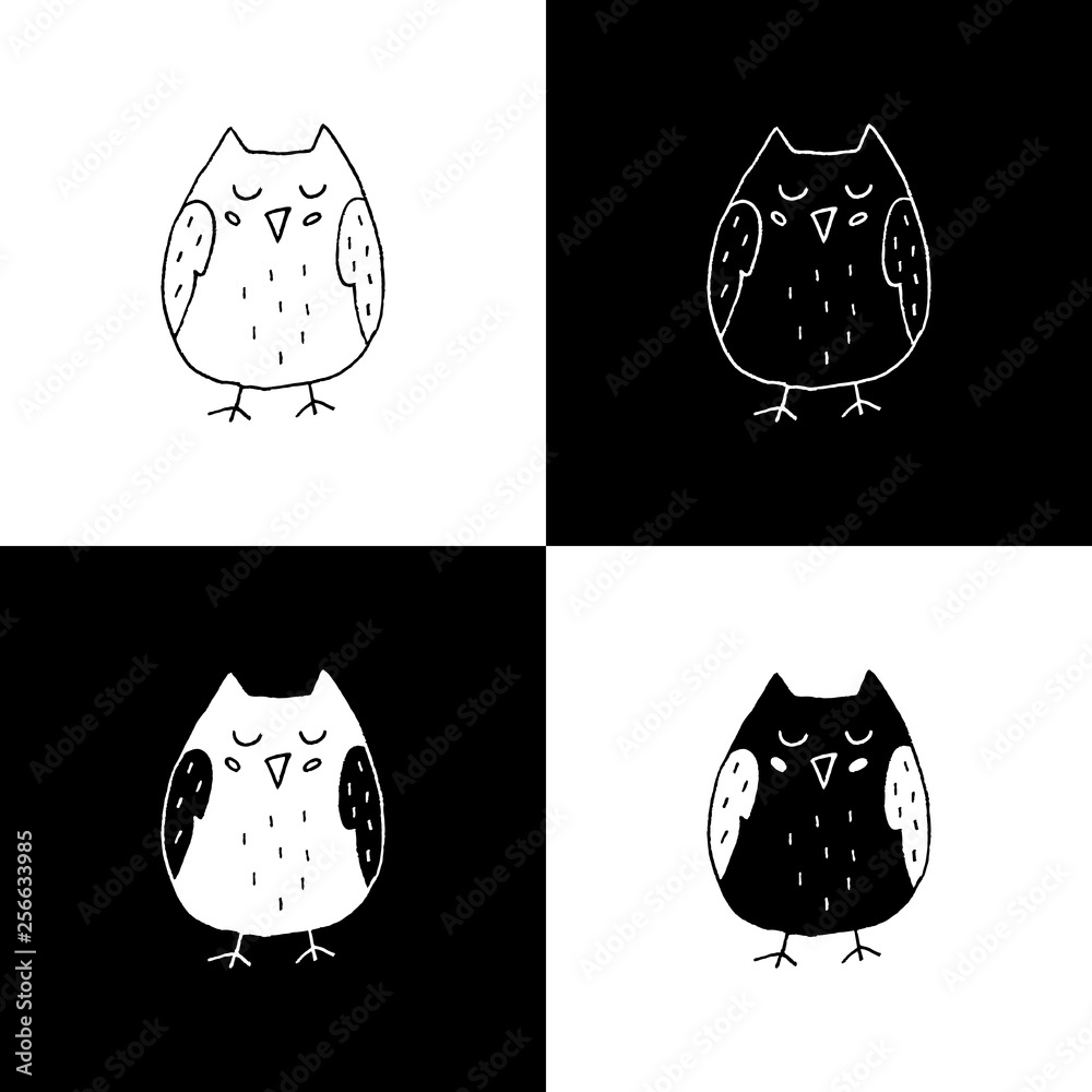 Cute cartoon hand drawn owl illustration set. Sweet vector black and ...