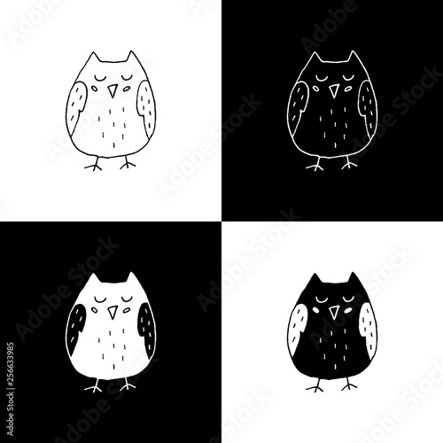 Cute cartoon hand drawn owl illustration set. Sweet vector black and white owl illustration set. Isolated monochrome owl illustration set.