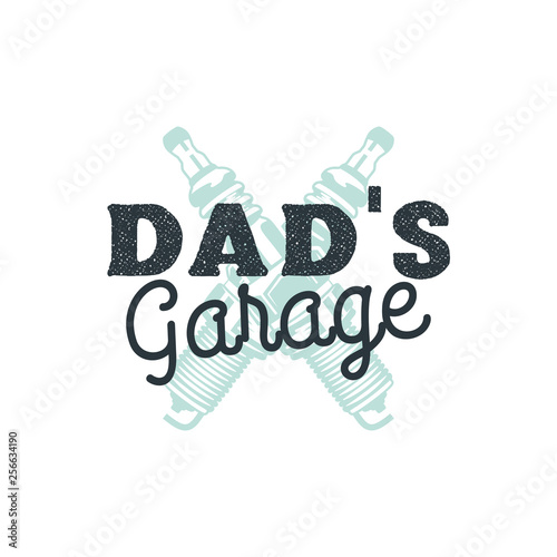 Dad Garage Logo Badge with plug sparks. Autorepair service sign in typography old style. Stock vector emblem isolated