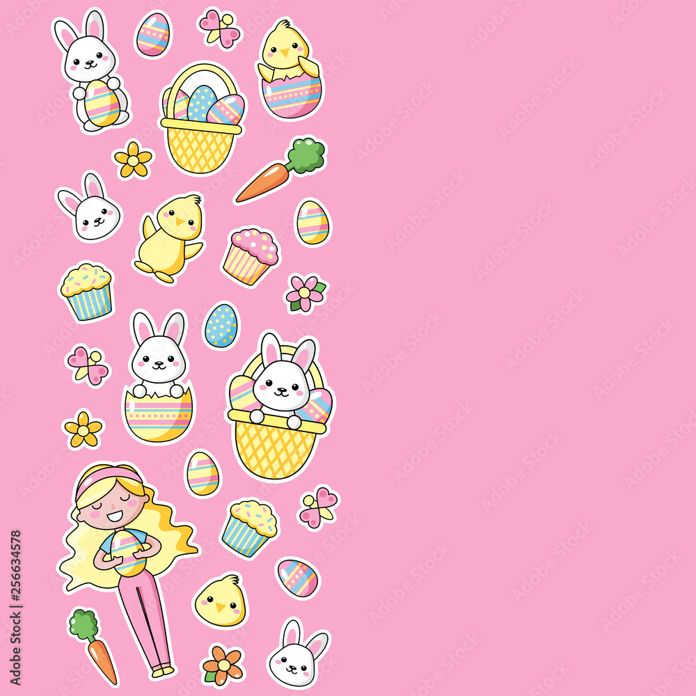 Banner of cute kawaii Easter cartoon characters on pink background. Easter  bunny, chick, flower, girl and basket of easter eggs. Beautiful Kawaii  vector illustration for greeting card/poster/sticker. vector de Stock |  Adobe