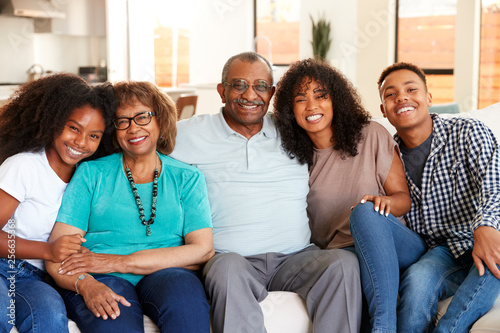 Grandparents with teen and young adult grandchildren sitting at home smiling to camera photo
