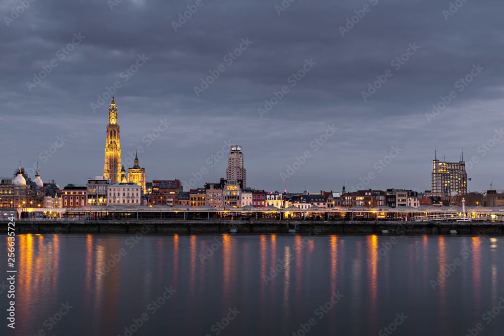 The beautiful skyline of Antwerp, Belgium with the Cathedral of our Lady on the left.  