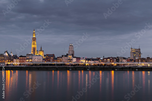 The beautiful skyline of Antwerp, Belgium with the Cathedral of our Lady on the left. 