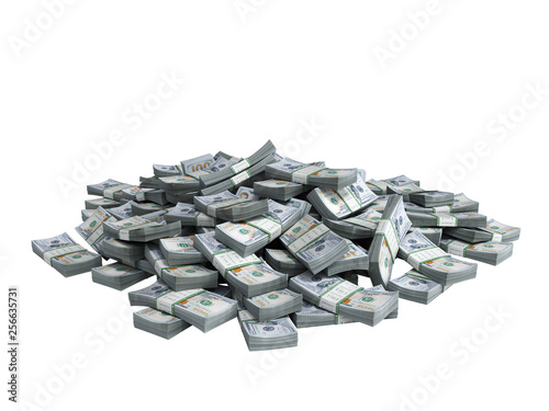 Obraz na płótnie Money Pile of packs of hundred dollar bills stacks 3d render on white no shadow w salonie