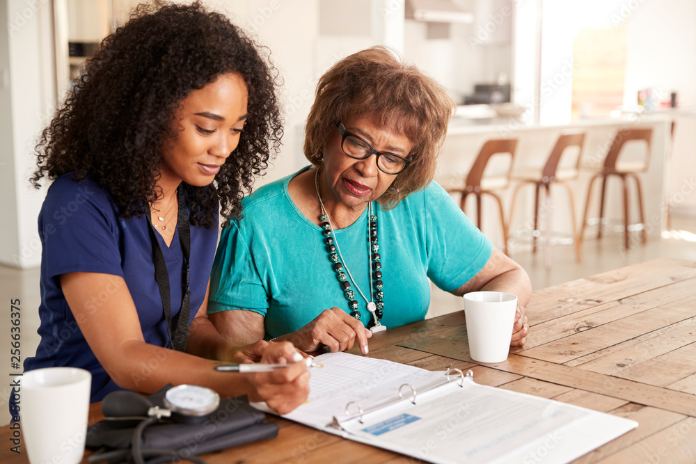 Φωτογραφία Female healthcare worker filling in a form with a senior woman during a home hea