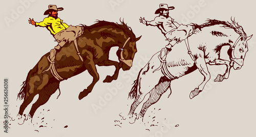 Print cowboy riding a wild horse mustang rounding a kicking horse on a rodeo graphic sketch sketching graphics