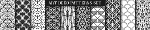 Art Deco Patterns set collection. Black and white luxury backgrounds. Fan scales ornaments. Geometric decorative digital papers. Vector line design. 1920-30s motifs