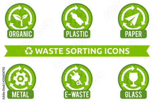 Vector signs collection for different types of waste: organic, plastic, e-waste, glass, metal. Isolated recycling icons. Set of stickers for garbage containers with grunge texture.