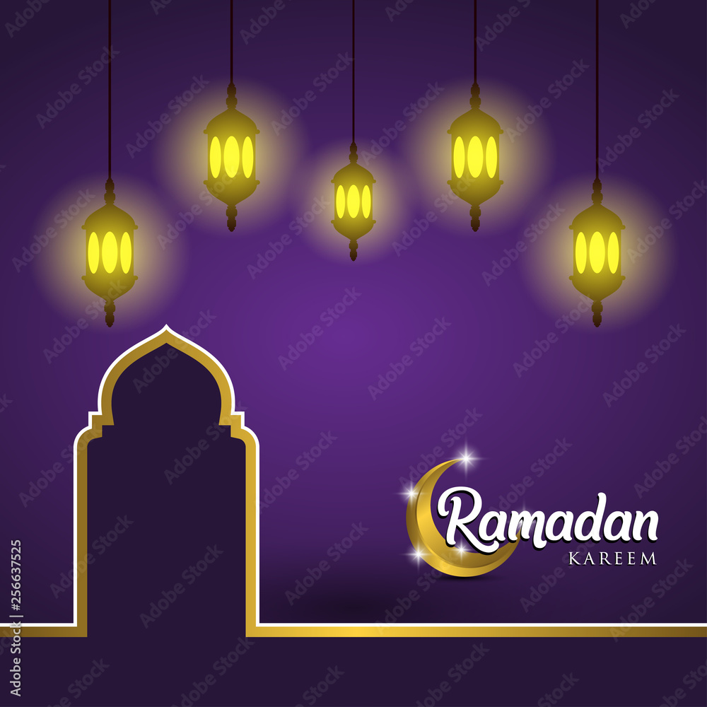Ramadan kareem greeting card design. with golden ornate crescent and mosque dome. on purple background, EPS 10 - vector, Jpeg High Resolution 300 DPI Ramadan kareem greeting card design. with golden ornate crescent and mosque dome. on purple background, EPS 10 - vector, Jpeg High Resolution 300 DPI