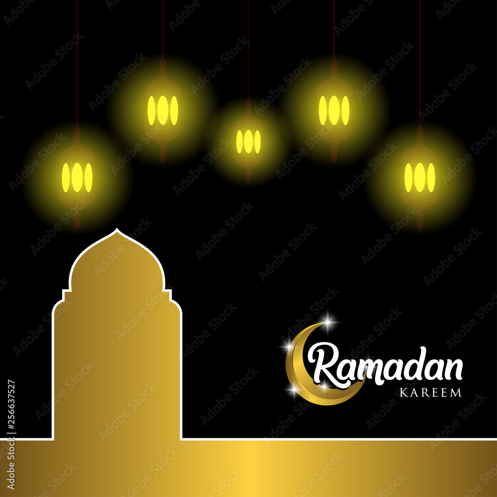 Ramadan kareem greeting card design. with golden ornate crescent and mosque  dome. on black background, EPS 10 - vector, Jpeg High Resolution 300 DPI  Stock Vector | Adobe Stock