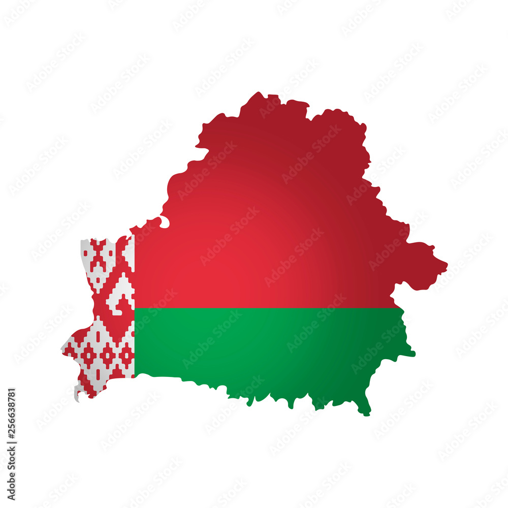 Vector isolated simplified illustration icon with silhouette of Belarus map. National Belarus flag. White background Vector isolated simplified illustration icon with silhouette of Belarus map. National Belarus flag. White background