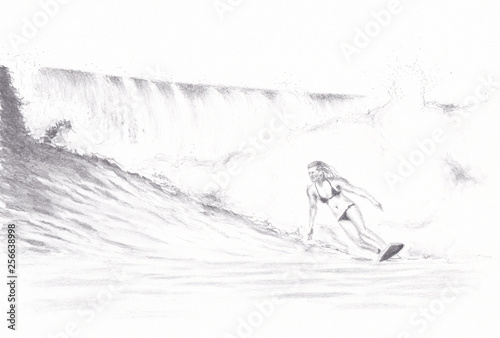 Pencil drawing of a female surfer