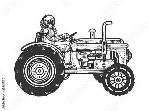 Astronaut ride agricultural tractor sketch engraving vector illustration. Scratch board style imitation. Black and white hand drawn image.