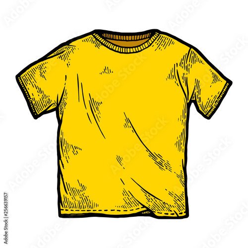 Yellow color t-shirt sketch vintage engraving vector illustration. Scratch board style imitation. Black and white hand drawn image.
