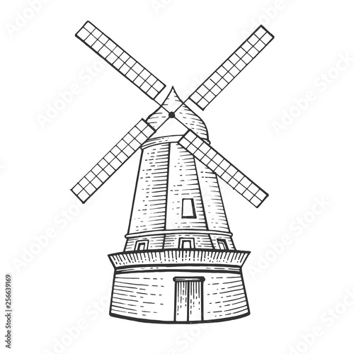 Old windmill sketch engraving vector illustration. Scratch board style imitation. Hand drawn image.