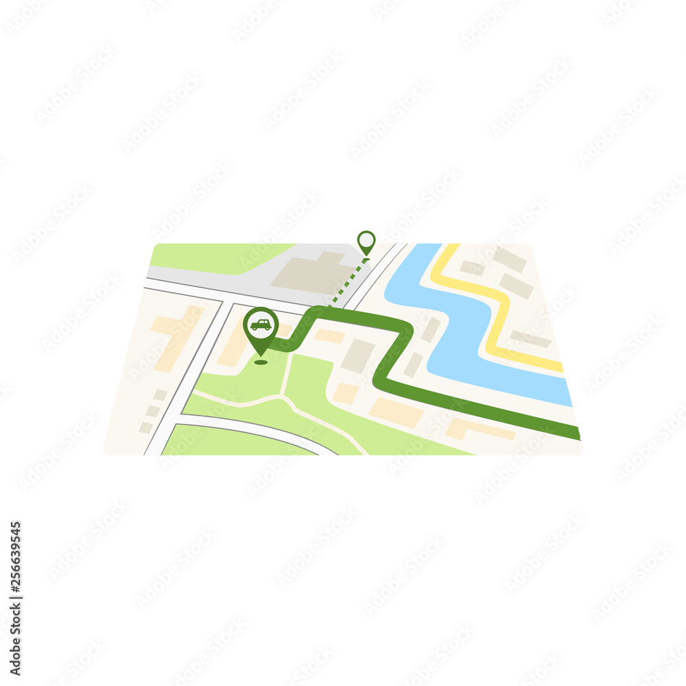 GPS icon and route map with path and car pin in city street isolated on white background