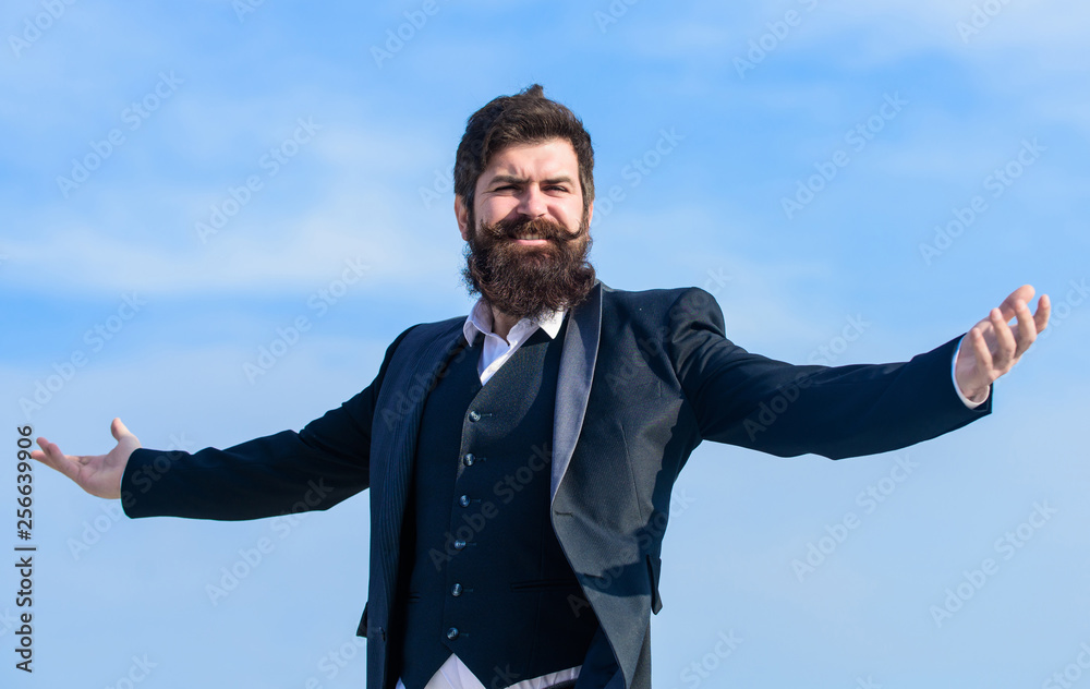 Businessman against the sky. brutal caucasian hipster with moustache. Mature hipster with beard. Future success. Male formal fashion. Bearded man. Bearded man touch beard. Man with beard outdoor Businessman against the sky. brutal caucasian hipster with moustache. Mature hipster with beard. Future success. Male formal fashion. Bearded man. Bearded man touch beard. Man with beard outdoor