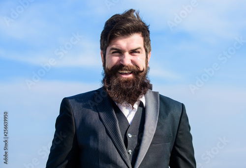 happy lawyer. Businessman lawyer against the sky. Future success. Male formal fashion. Bearded man lawyer. Mature hipster with beard. brutal caucasian hipster with moustache. lawyer with smiling face