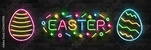 Vector set of realistic isolated neon sign of Easter logo for template decoration and layout covering on the wall background. Concept of Happy Easter.