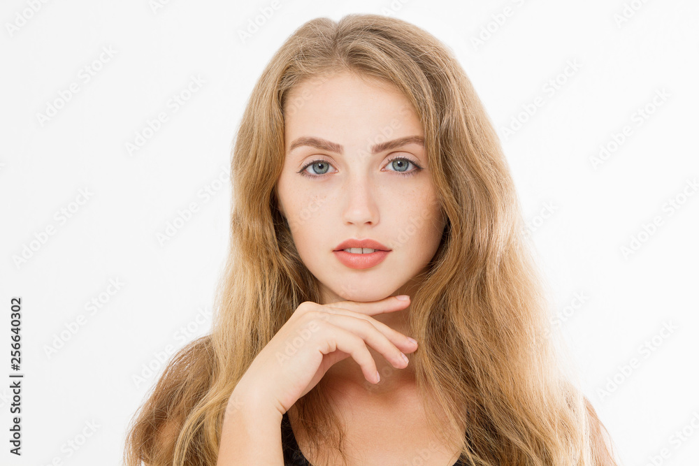 Blonde girl with long and shiny wavy hair style isolated on white background. Young woman facial treatment. Cosmetology and skin care, beauty and spa concept. Copy space Blonde girl with long and shiny wavy hair style isolated on white background. Young woman facial treatment. Cosmetology and skin care, beauty and spa concept. Copy space