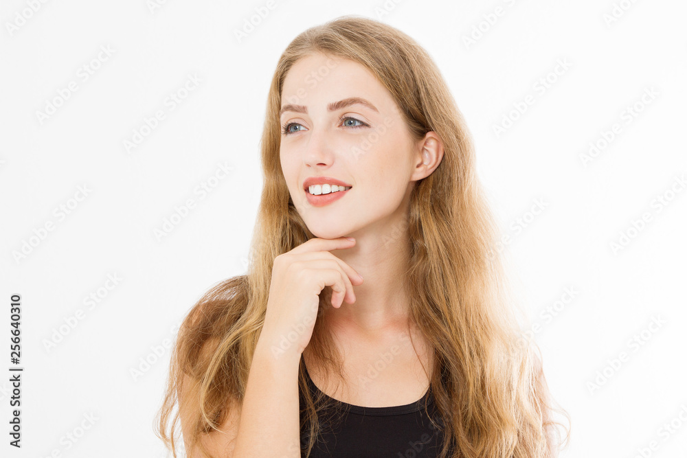 Closeup happy woman face with perfect white teeth smile and skin care isolated on white background. Template blank black summer t shirt with copy space. Closeup happy woman face with perfect white teeth smile and skin care isolated on white background. Template blank black summer t shirt with copy space.