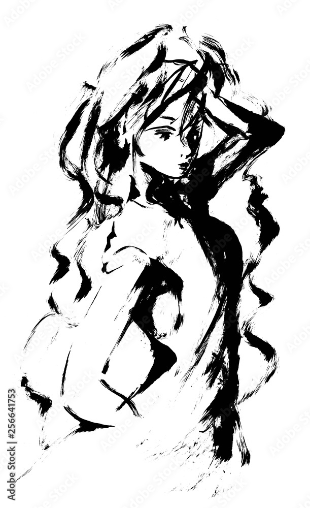 Fototapeta premium 新墨絵の女性31ハイコントラスト