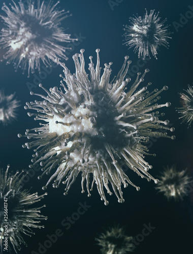 Virus Cells On Dark Background. 3D illustration conceptual sick cells