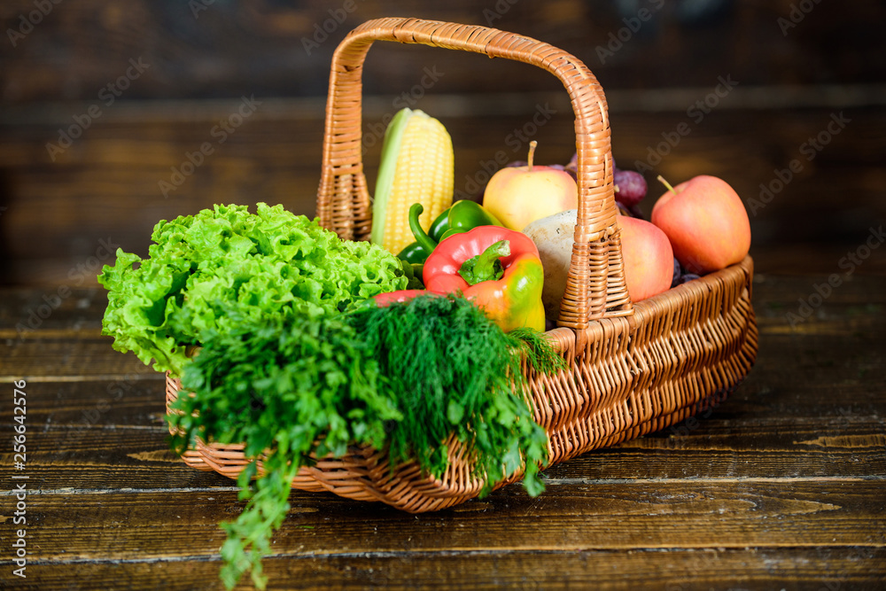 Homegrown vegetables. Fresh organic vegetables wicker basket. Fall harvest concept. Autumn harvest crops vegetables. Locally grown natural food. Farmers market. Vibrant and colorful vegetables