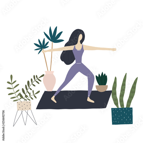 Yoga girl and home plants