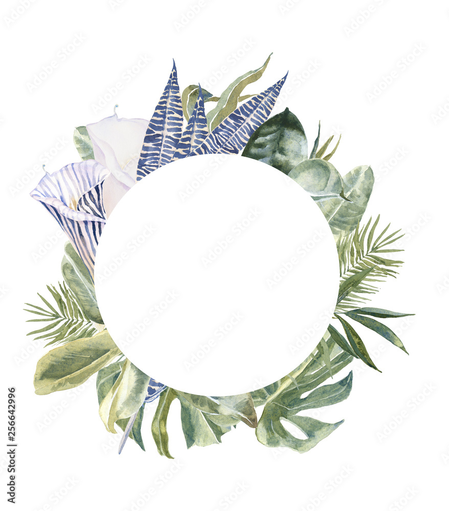 Obraz premium Wild Flowers animal skin print, tropical leaves golden Frame. Exotic floral Wreath. Zebra print flowers Border