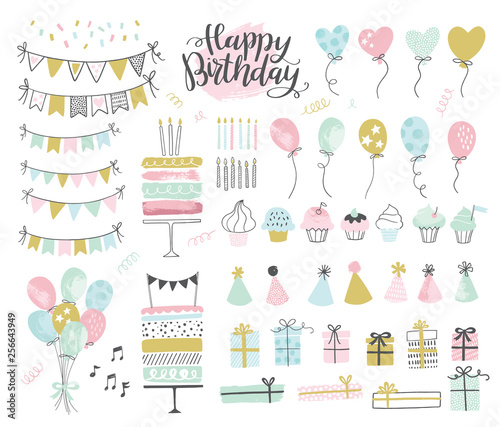 Set of birthday party design elements. Vector illustrations. Party decoration, balloons, gift box, cake with candles, confetti, party hats, cupcakes, bunting banners.