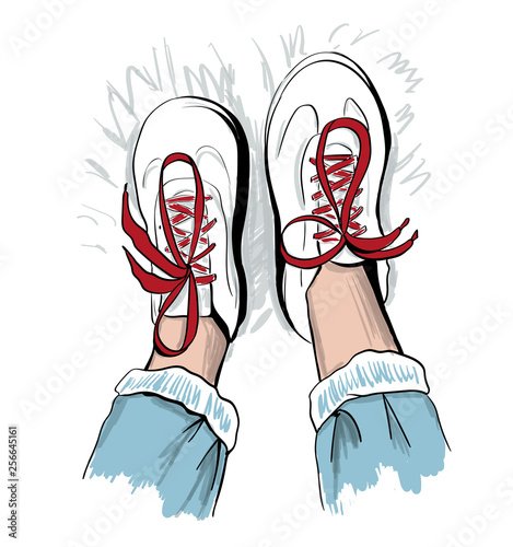 sketch of sneakers with red shoelaces