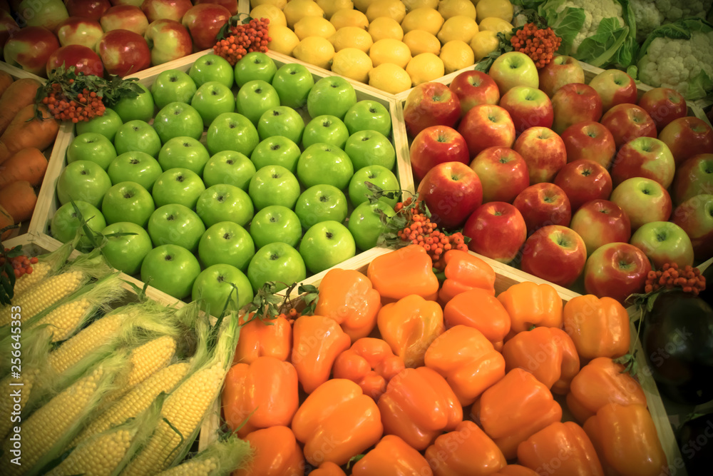 A counter on which green and red apples, lemons, bell peppers, carrots, corn, cauliflower and eggplants are neatly laid out