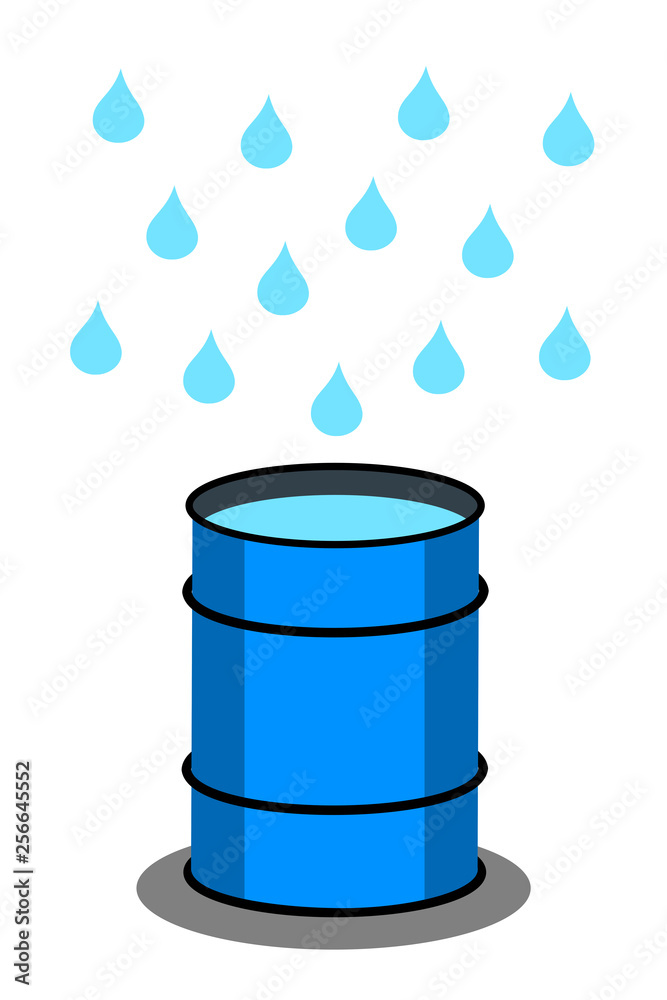 Rain barrel for rainwater harvesting during rain - tank for drop and droplet of falling water. Vector illustration Rain barrel for rainwater harvesting during rain - tank for drop and droplet of falling water. Vector illustration