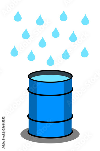 Rain barrel for rainwater harvesting during rain - tank for drop and droplet of falling water. Vector illustration