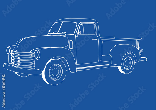 drawing pickup car on a blue background vector