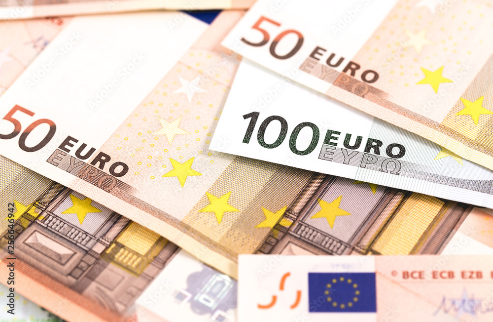 Closeup macro view of euro banknotes