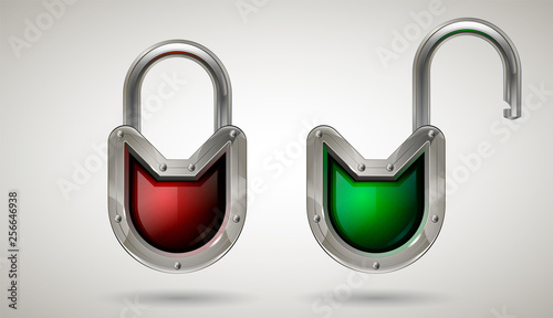 Security locked and unlocked padlock with metal frame and safety glass. Realistic style. Isolated background. Network, cyber security or information protection concept for poster, web design, banner