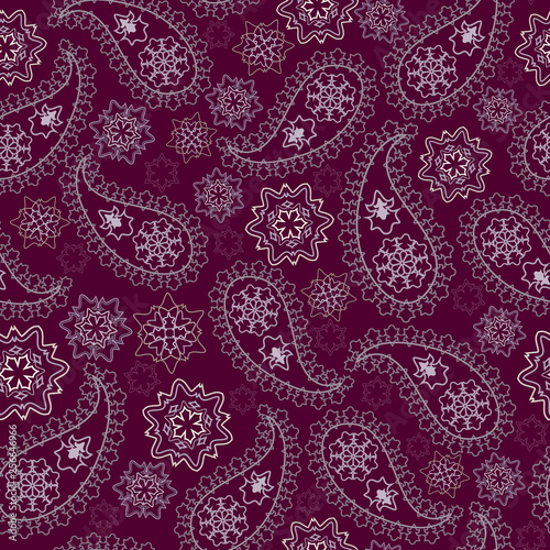 Seamless geometric burgundy pattern with paisley and flowers. Vector background.