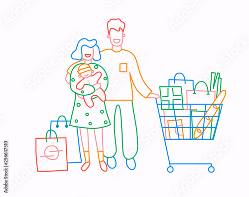 Family with infant baby have purchases at shopping. Thin line flat design, vector illustration in bright colours.