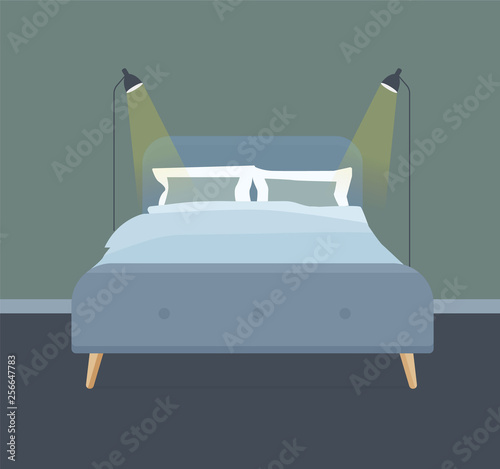 Urban Contemporary Modern Scandinavian Bedroom Interior Design. Simple Dark Living Room With Large Comfortable bed In Loft Style With Lamps, Gallery on Wall, Pillows, Blanket. Mockup Flat Illustration